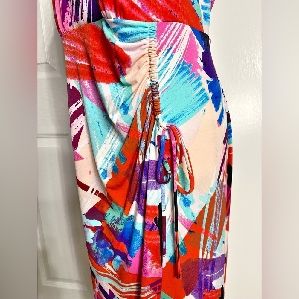 LONDON TIMES MULTICOLOR PAINT SPLASH FASHION FAUX WRAP MIDI DRESS - Picture 5 of 14
